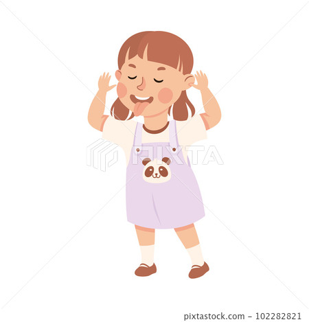 Little bully girl grimacing and teasing. Kid showing tongue and gesturing cartoon vector illustration Little bully girl grimacing and teasing. Kid showing tongue and gesturing cartoon vector illustration 102282821