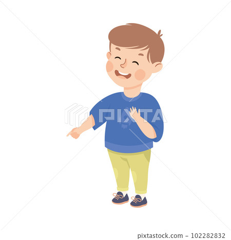 Happy mischievous boy pointing with his finger cartoon vector illustration 102282832