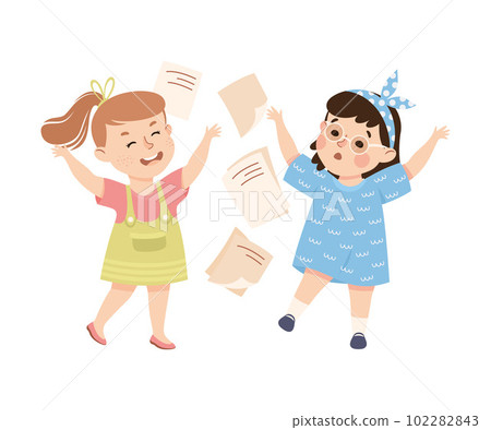 Girl getting bullied by classmate. Girl throwing things of her friend cartoon vector illustration Girl getting bullied by classmate. Girl throwing things of her friend cartoon vector illustration 102282843