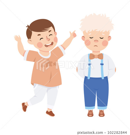 Boy mocking his classmate. Sad boy getting bullied by another cartoon vector illustration 102282844
