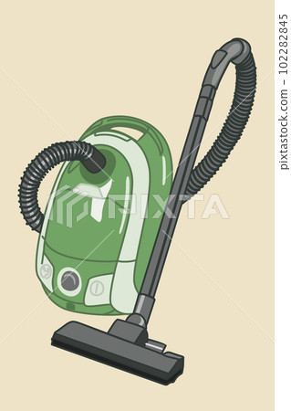 Vector illustration of green vacuun cleaner isolated on light yellow background. Housekeeping concept. Vector illustration of green vacuun cleaner isolated on light yellow background. Housekeeping concept. 102282845