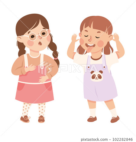 Girl mocking her classmate. Girl in glasses getting bullied by another cartoon vector illustration 102282846