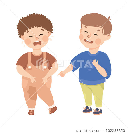 Cute boy getting bullied by classmate. Unhappy boy crying because boy bullying him cartoon vector illustration Cute boy getting bullied by classmate. Unhappy boy crying because boy bullying him cartoon vector illustration 102282850