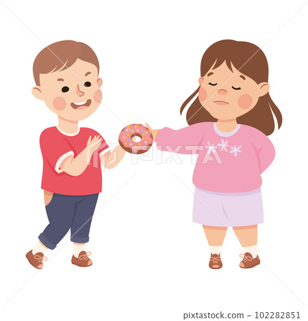 Hoodlum boy taking donut from girl. Girl being bullied by her classmate cartoon vector illustration Hoodlum boy taking donut from girl. Girl being bullied by her classmate cartoon vector illustration 102282851