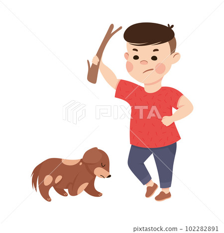 Offensive Boy Bullying and Abusing Puppy Threatening It with Stick Vector Illustration 102282891