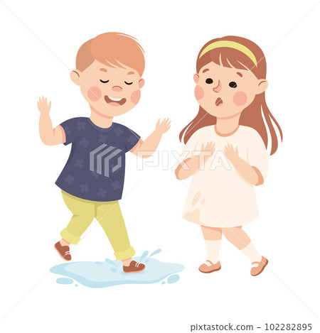 Offensive Boy Bullying and Abusing Girl Agemate Splashing Water on Her Dress Vector Illustration Offensive Boy Bullying and Abusing Girl Agemate Splashing Water on Her Dress Vector Illustration 102282895