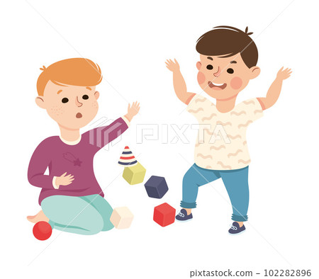 Offensive Boy Bullying and Abusing His Agemate Tossing His Toy Blocks Vector Illustration 102282896