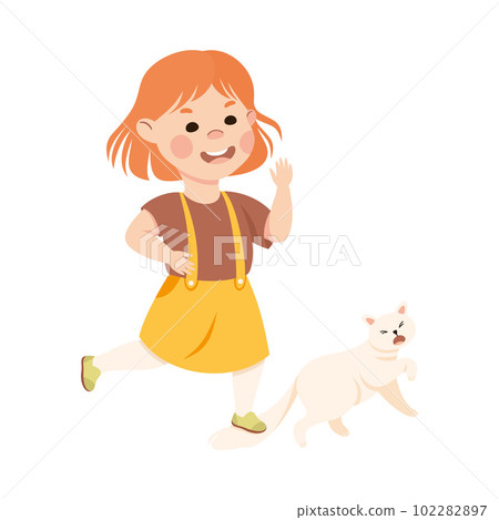 Offensive Girl Bullying and Abusing Cat Hurting Tail Vector Illustration 102282897