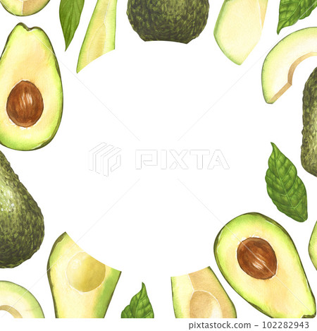 Watercolor frame, ripe avocado and halves avocado. Hand-drawn illustration isolated on white background. Perfect concept food menu, food drawing, design packing, healthy eating Watercolor frame, ripe avocado and halves avocado. Hand-drawn illustration isolated on white background. Perfect concept food menu, food drawing, design packing, healthy eating 102282943