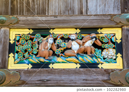 Nikko Toshogu Shrine in Spring, Three Wise Monkeys, Nikko City, Tochigi Prefecture 102282980