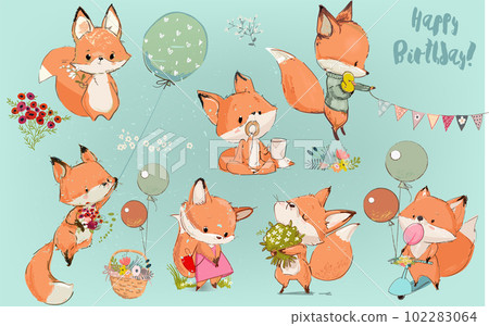 Cute Birthday cartoon fox set with floral wreath Cute Birthday cartoon fox set with floral wreath 102283064
