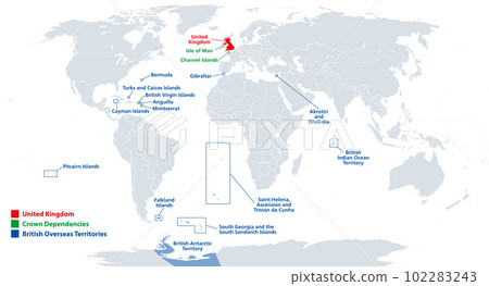 United Kingdom, British Overseas Territories and Crown Dependencies, political map. Britain, the Isle of Man, Guernsey and Jersey within the British Isles, and 14 BOTs, distributed all over the world. 102283243