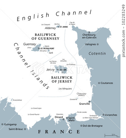 Channel Islands, gray political map. Crown Dependencies Bailiwick of Guernsey and Bailiwick of Jersey. Archipelago in the English Channel, off the coast of France. Remnants of the Duchy of Normandy. 102283249