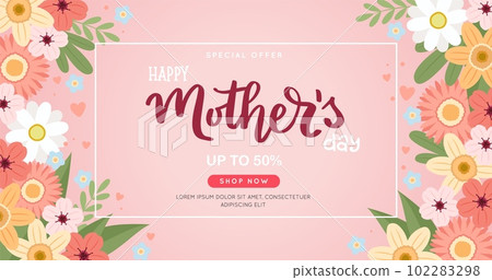 Mother s day sale banner with flowers and hand drawn lettering, vector illustration in flat style Mother s day sale banner with flowers and hand drawn lettering, vector illustration in flat style 102283298