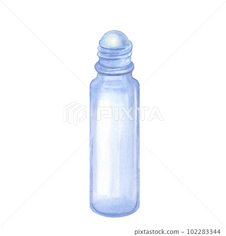 Glass Roller Ball Bottle for cosmetic essential oil. Hand draw watercolor illustration isolated on white background. Beauty skincare product packaging Glass Roller Ball Bottle for cosmetic essential oil. Hand draw watercolor illustration isolated on white background. Beauty skincare product packaging 102283344