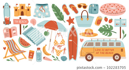 Cute Summer Stickers Set for daily planner. Collection of scrapbooking elements for beach party. Tropical vacation. Cute Summer Stickers Set for daily planner. Collection of scrapbooking elements for beach party. Tropical vacation. 102283705