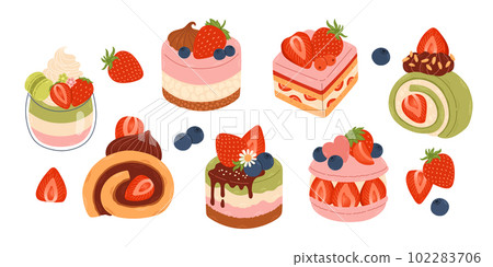 Cute strawberry dessert flat vector. Set of delicious sweets and desserts with strawberry flavor for Valentine day 102283706