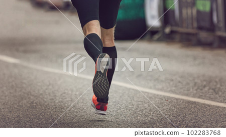 The legs of an athlete running on the asphalt marathon distance The legs of an athlete running on the asphalt marathon distance 102283768