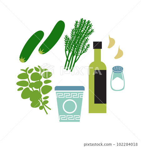 Fresh tzatziki or raita fresh ingredients. Sauce making. Round flat vector illustration isolated on white. Fresh tzatziki or raita fresh ingredients. Sauce making. Round flat vector illustration isolated on white. 102284018