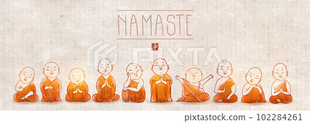 Cute buddhist monks hand drawn with ink. Traditional oriental ink painting sumi-e, u-sin, go-hua. Illustration with Jizo japanese deity. 102284261