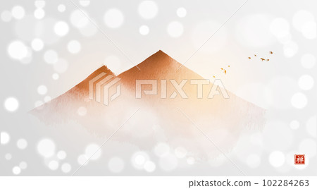 Gold landscape with far misty mountains and flock of birds in simple minimalist style on white glowing background. Traditional oriental ink painting sumi-e, u-sin, go-hua. Hieroglyph - zen 102284263