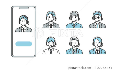 A man in a suit wearing a headset reflected on a smartphone - vector illustration for business communication A man in a suit wearing a headset reflected on a smartphone - vector illustration for business communication 102285235