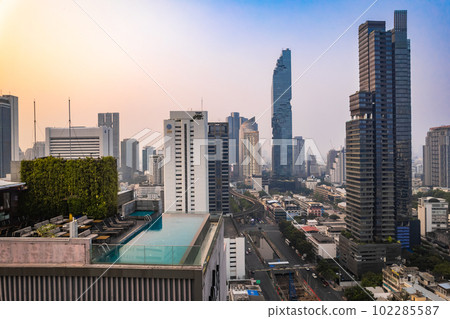 Aerial view of Chong Nonsi business and financial district, at sunrise, in Bangkok, Thailand 102285587