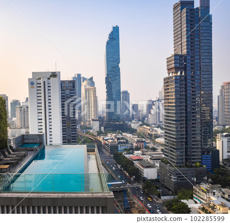 Aerial view of Chong Nonsi business and financial district, at sunrise, in Bangkok, Thailand 102285599