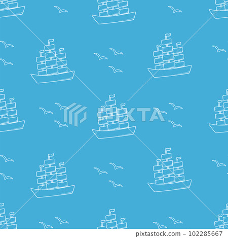 Seamless pattern of a ship with three masts. Vector doodle background historical naval frigate with sails and seagulls. 102285667