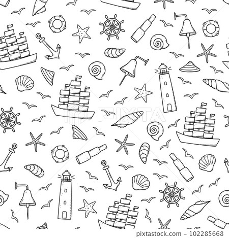 Seamless pattern doodle icons of sea life. Ship telescope shells, lifebuoy anchor steering wheel bull, lighthouse and seagulls. Vector illustration, symbols of sailors or pirates. 102285668