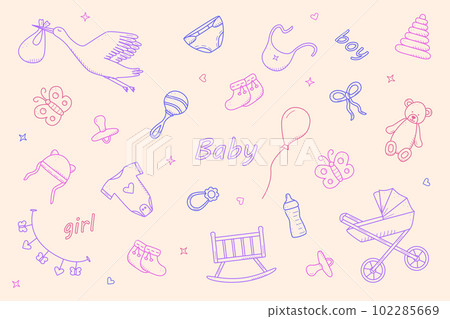 Newborn icons set doodle style. Vector illustration of elements for a baby 102285669
