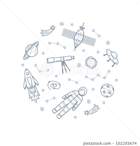 Cosmos doodle is a set of vector illustrations in the circle. Icons of space elements rocket cosmonaut stars satellite telescope comet Cosmos doodle is a set of vector illustrations in the circle. Icons of space elements rocket cosmonaut stars satellite telescope comet 102285674