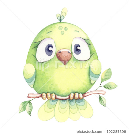 Cute watercolor bird on a branch. Isolated on white background. 102285806