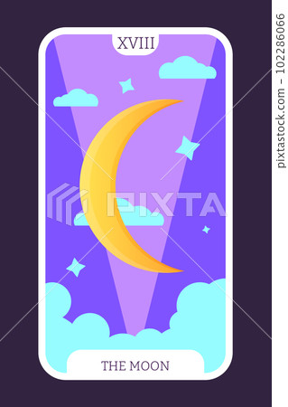 The Moon tarot cartoon flat card template major arcana. Taro vector illustration spiritual signs with esoteric magic and astrology symbols. Isolated colored graphic. Witchcraft concept EPS 102286066