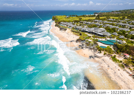 Aerial view of Dreamland Beach in Pecatu on the Bukit Peninsula on the island of Bali, Indonesia Aerial view of Dreamland Beach in Pecatu on the Bukit Peninsula on the island of Bali, Indonesia 102286237