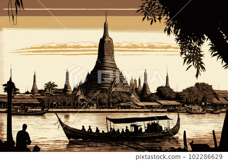 Wat Arun at sunset with long tail boat, in Bangkok, Thailand. Generative AI Wat Arun at sunset with long tail boat, in Bangkok, Thailand. Generative AI 102286629