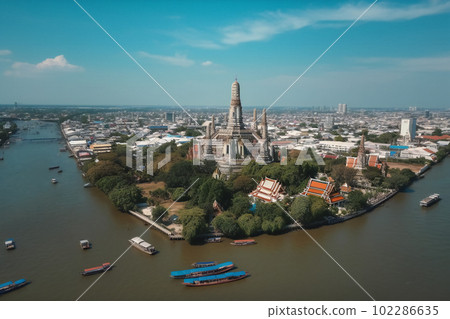 Aerial view of Wa Arun with long tail boat, in Bangkok, Thailand. Generative AI Aerial view of Wa Arun with long tail boat, in Bangkok, Thailand. Generative AI 102286635