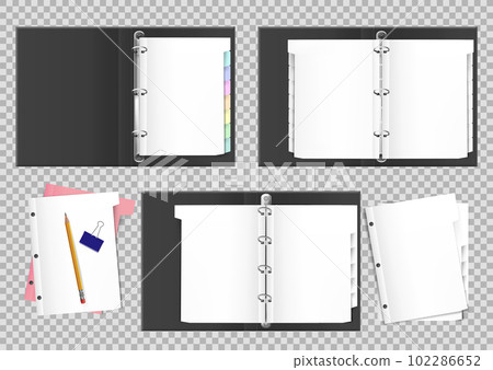 3D file folder. Open office notebook. Metal ring binder. Pages with holes. Paper divider. White corporate letter. Blank diary sheets. Pencil and clamp. Vector exact realistic stationery mockup set 102286652