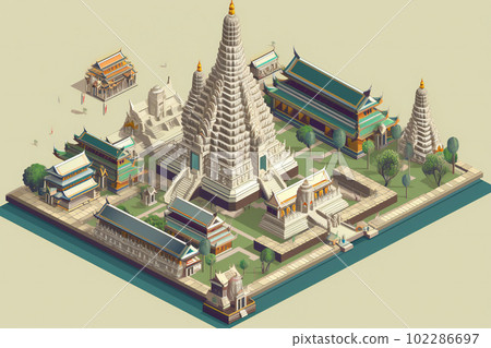 Wat Arun, in Bangkok, Thailand. Isometric illustration. Generative AI Wat Arun, in Bangkok, Thailand. Isometric illustration. Generative AI 102286697