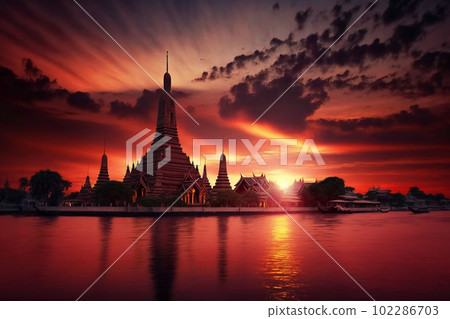 Wat Arun at sunset with long tail boat, in Bangkok, Thailand. Generative AI 102286703