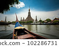 Wat Arun during the day with blue sky with long tail boat, in Bangkok, Thailand. Generative AI 102286731