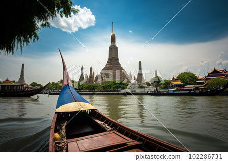 Wat Arun during the day with blue sky with long tail boat, in Bangkok, Thailand. Generative AI Wat Arun during the day with blue sky with long tail boat, in Bangkok, Thailand. Generative AI 102286731