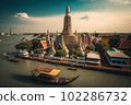 Aerial view of Wa Arun with long tail boat, in Bangkok, Thailand. Generative AI 102286732