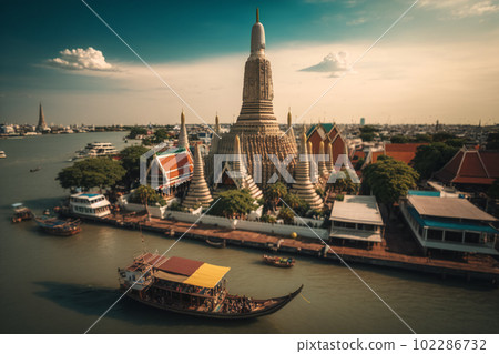 Aerial view of Wa Arun with long tail boat, in Bangkok, Thailand. Generative AI Aerial view of Wa Arun with long tail boat, in Bangkok, Thailand. Generative AI 102286732