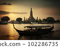 Wat Arun at sunset with long tail boat, in Bangkok, Thailand. Generative AI 102286735