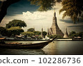 Wat Arun at sunset with long tail boat, in Bangkok, Thailand. Generative AI 102286736