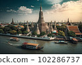 Aerial view of Wa Arun with long tail boat, in Bangkok, Thailand. Generative AI 102286737
