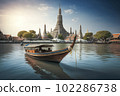 Wat Arun at sunset with long tail boat, in Bangkok, Thailand. Generative AI 102286738