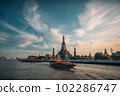 Wat Arun at sunset with long tail boat, in Bangkok, Thailand. Generative AI 102286747