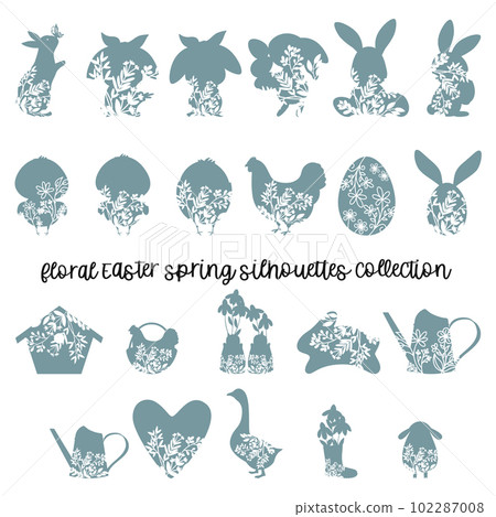 Happy Easter plants and animal floral silhouettes. Happy Easter plants and animal floral silhouettes. 102287008